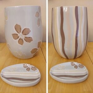 NWT Springs Brand Ceramic Waste Basket & Soap Dish With Tropical Flowers/Stripes